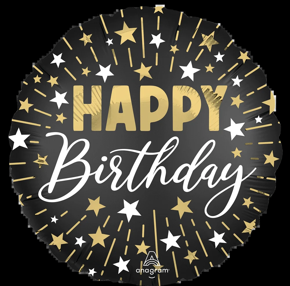 18" Satin Black Silver Gold Happy Birthday Foil Balloon