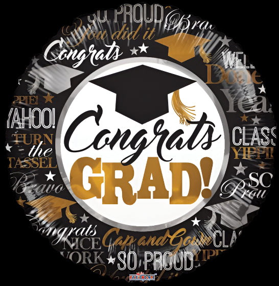 Graduation-themed balloon with 'Congrats Grad!' text and celebratory phrases.
