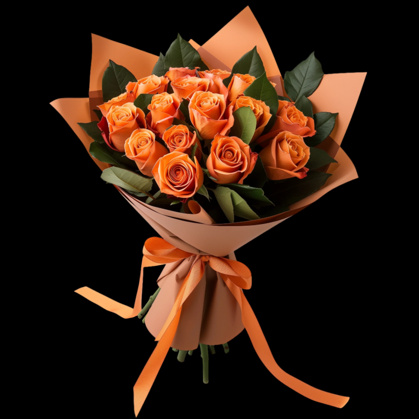 Bouquet of orange roses wrapped in brown paper with an orange ribbon on a white background