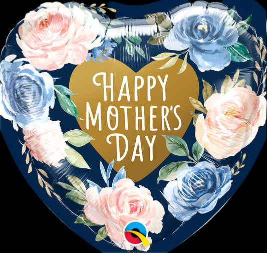 18" Heart Mother's Day Pink & Blue Roses Foil Balloon