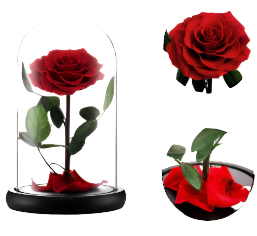 Red rose in a glass dome with close-up insets on a white background